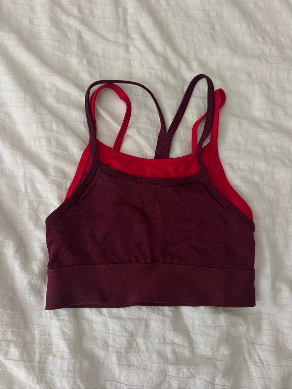Women’s Fabletics Layered Strappy Sports Bra — Burgundy & Red